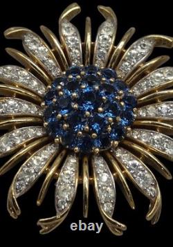Vintage Crown Trifari Alfred Philippe Blue Crystal Chrysanthemum Flower Brooch