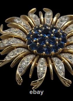 Vintage Crown Trifari Alfred Philippe Blue Crystal Chrysanthemum Flower Brooch