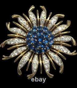 Vintage Crown Trifari Alfred Philippe Blue Crystal Chrysanthemum Flower Brooch
