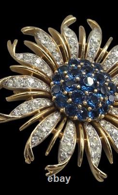 Vintage Crown Trifari Alfred Philippe Blue Crystal Chrysanthemum Flower Brooch