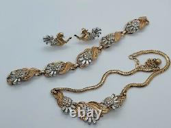 Vintage Crown Trifari Alfred Philippe Clear Rhinestone Flowers Necklace Bracelet