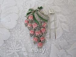 Vintage Crown Trifari Alfred Philippe Enamel Crystals Floral Pin Clip Pink AS IS