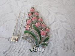Vintage Crown Trifari Alfred Philippe Enamel Crystals Floral Pin Clip Pink AS IS