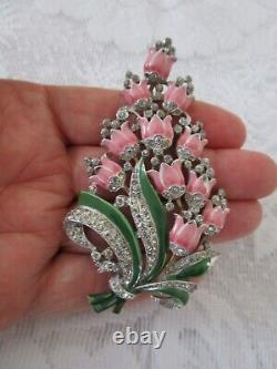 Vintage Crown Trifari Alfred Philippe Enamel Crystals Floral Pin Clip Pink AS IS