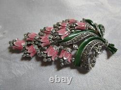 Vintage Crown Trifari Alfred Philippe Enamel Crystals Floral Pin Clip Pink AS IS