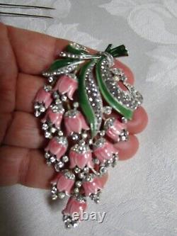 Vintage Crown Trifari Alfred Philippe Enamel Crystals Floral Pin Clip Pink AS IS