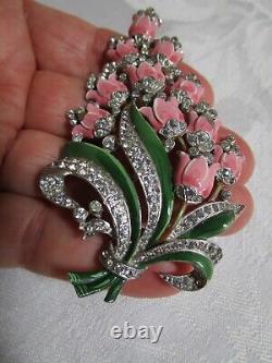 Vintage Crown Trifari Alfred Philippe Enamel Crystals Floral Pin Clip Pink AS IS
