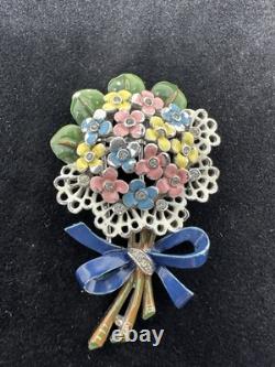Vintage Crown Trifari Alfred Philippe Floral Bow Rhinestone Enamel Fur Clip 1941