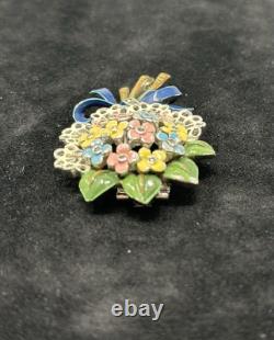 Vintage Crown Trifari Alfred Philippe Floral Bow Rhinestone Enamel Fur Clip 1941