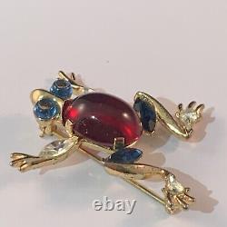 Vintage Crown Trifari Alfred Philippe Glass Cabochon Rhinestone Frog Brooch Pin
