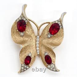 Vintage Crown Trifari Alfred Philippe Gold Tone Red Rhinestone Butterfly Pin