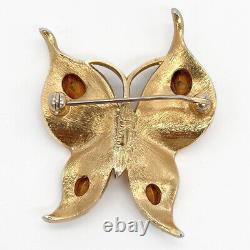 Vintage Crown Trifari Alfred Philippe Gold Tone Red Rhinestone Butterfly Pin