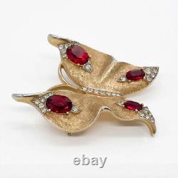 Vintage Crown Trifari Alfred Philippe Gold Tone Red Rhinestone Butterfly Pin