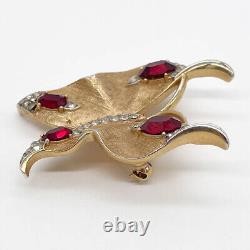 Vintage Crown Trifari Alfred Philippe Gold Tone Red Rhinestone Butterfly Pin