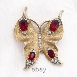 Vintage Crown Trifari Alfred Philippe Gold Tone Red Rhinestone Butterfly Pin