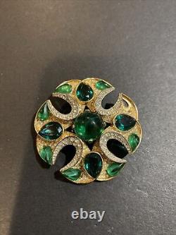 Vintage Crown Trifari Alfred Philippe Green Cabochon Rhinestone Brooch Beautiful
