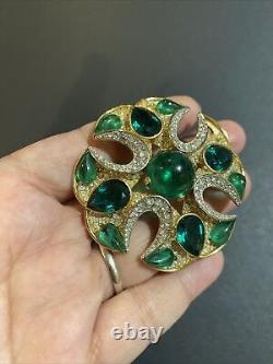 Vintage Crown Trifari Alfred Philippe Green Cabochon Rhinestone Brooch Beautiful