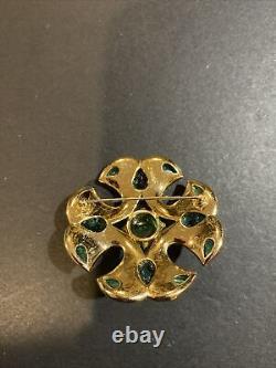 Vintage Crown Trifari Alfred Philippe Green Cabochon Rhinestone Brooch Beautiful