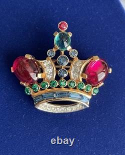 Vintage Crown Trifari Alfred Philippe Jeweled Crown Large Red Stones Brooch Pin