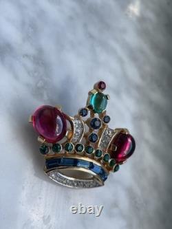 Vintage Crown Trifari Alfred Philippe Jeweled Crown Large Red Stones Brooch Pin