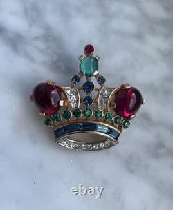Vintage Crown Trifari Alfred Philippe Jeweled Crown Large Red Stones Brooch Pin