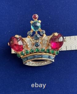 Vintage Crown Trifari Alfred Philippe Jeweled Crown Large Red Stones Brooch Pin