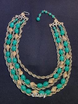 Vintage Crown Trifari Alfred Philippe Necklace Etruscan Green Lucite 5 Strands