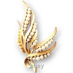 Vintage Crown Trifari Alfred Philippe Pearl Rhinestone Leaf Spray 3 1/8 Brooch