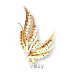 Vintage Crown Trifari Alfred Philippe Pearl Rhinestone Leaf Spray 3 1/8 Brooch