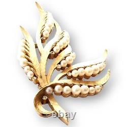 Vintage Crown Trifari Alfred Philippe Pearl Rhinestone Leaf Spray 3 1/8 Brooch