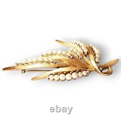 Vintage Crown Trifari Alfred Philippe Pearl Rhinestone Leaf Spray 3 1/8 Brooch