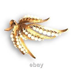 Vintage Crown Trifari Alfred Philippe Pearl Rhinestone Leaf Spray 3 1/8 Brooch