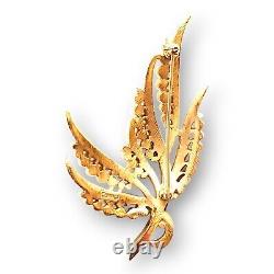 Vintage Crown Trifari Alfred Philippe Pearl Rhinestone Leaf Spray 3 1/8 Brooch