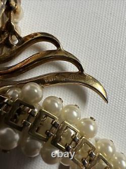 Vintage Crown Trifari Alfred Philippe Pearl Strand Rhinestone Dangle Drop Brooch