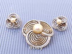 Vintage Crown Trifari Alfred Philippe Pearl White Rhinestone Brooch Earrings Set
