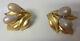 Vintage Crown Trifari Alfred Philippe Pearls Textured Gold Tone Clip On Earrings