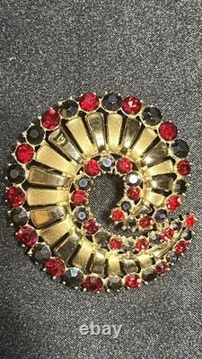 Vintage Crown Trifari Alfred Philippe Red/ Blue Rhinestone Swirl Brooch- Rare