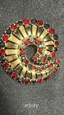 Vintage Crown Trifari Alfred Philippe Red/ Blue Rhinestone Swirl Brooch- Rare