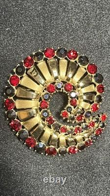 Vintage Crown Trifari Alfred Philippe Red/ Blue Rhinestone Swirl Brooch- Rare