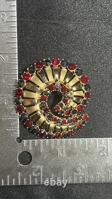 Vintage Crown Trifari Alfred Philippe Red/ Blue Rhinestone Swirl Brooch- Rare