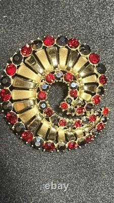 Vintage Crown Trifari Alfred Philippe Red/ Blue Rhinestone Swirl Brooch- Rare