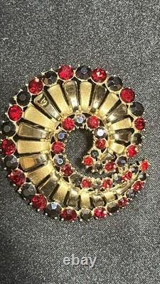 Vintage Crown Trifari Alfred Philippe Red/ Blue Rhinestone Swirl Brooch- Rare