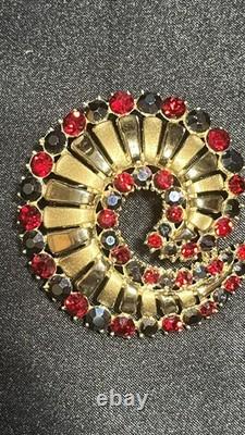 Vintage Crown Trifari Alfred Philippe Red/ Blue Rhinestone Swirl Brooch- Rare