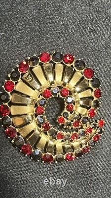 Vintage Crown Trifari Alfred Philippe Red/ Blue Rhinestone Swirl Brooch- Rare