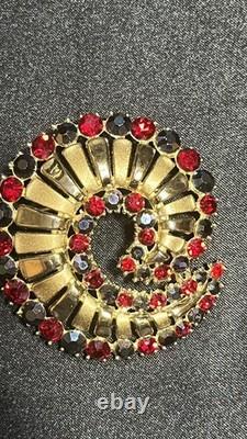 Vintage Crown Trifari Alfred Philippe Red/ Blue Rhinestone Swirl Brooch- Rare