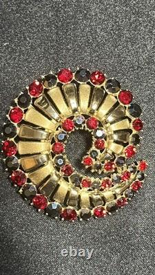 Vintage Crown Trifari Alfred Philippe Red/ Blue Rhinestone Swirl Brooch- Rare