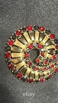 Vintage Crown Trifari Alfred Philippe Red/ Blue Rhinestone Swirl Brooch- Rare