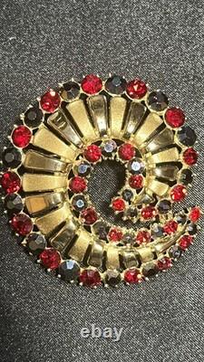 Vintage Crown Trifari Alfred Philippe Red/ Blue Rhinestone Swirl Brooch- Rare