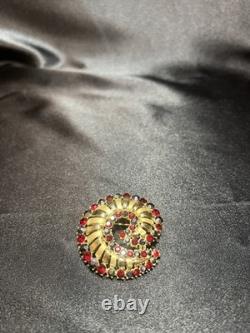 Vintage Crown Trifari Alfred Philippe Red/ Blue Rhinestone Swirl Brooch- Rare