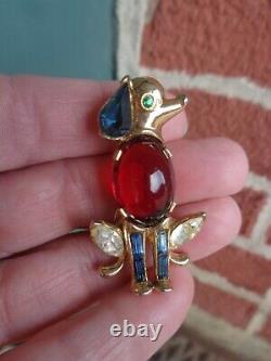 Vintage Crown Trifari Alfred Philippe Ruby Red Cab Rhinestone Figural Dog Pin